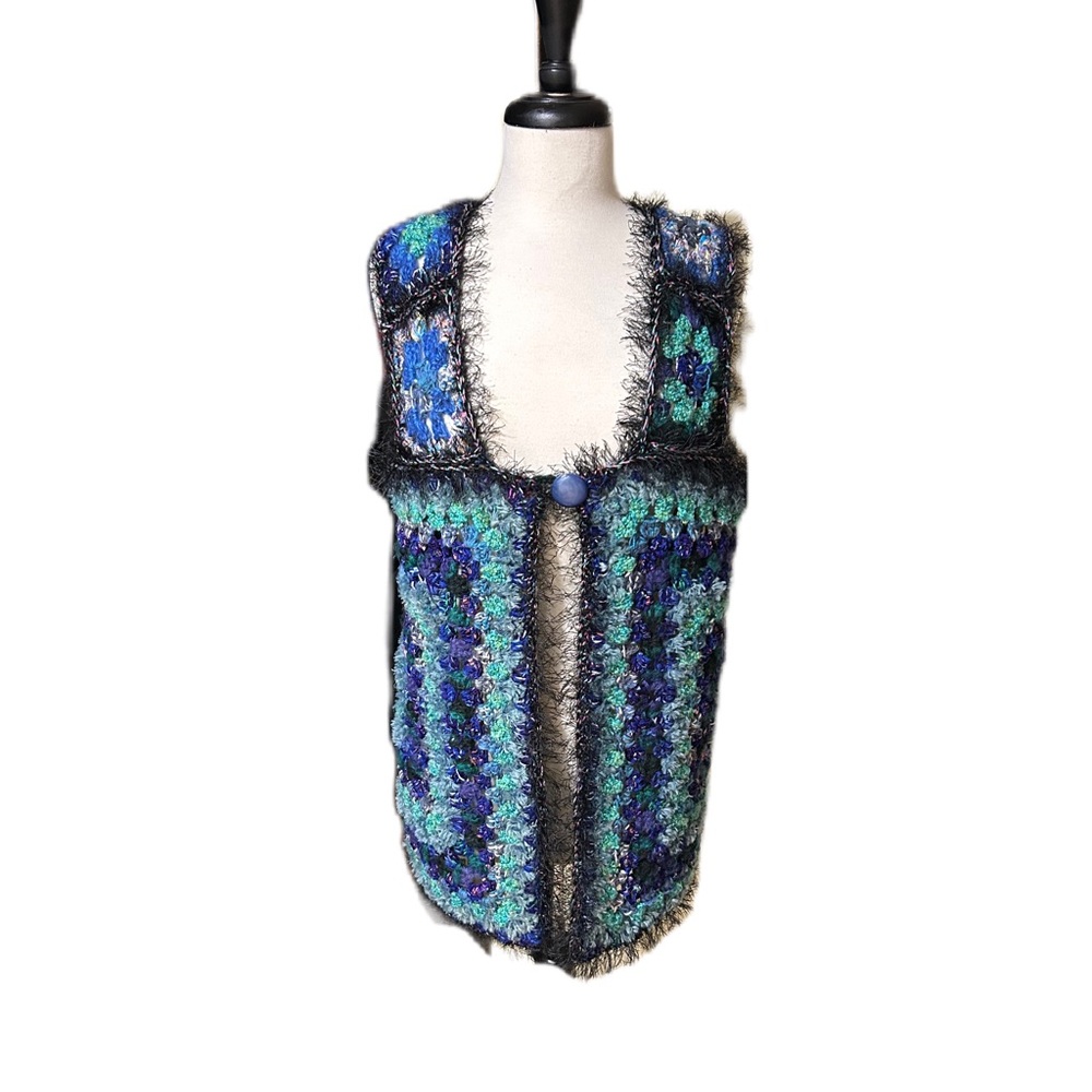 Handmade Hippie Groovy Crocheted Granny Square Vest Sweater 40” Chest Sz Small